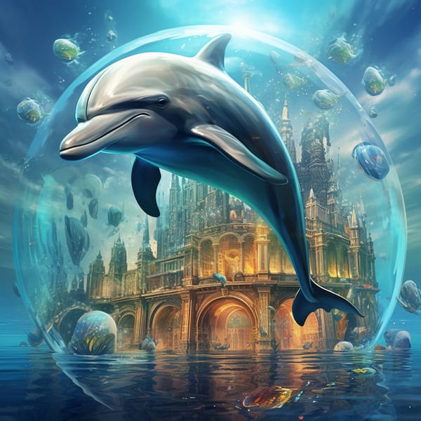 Image of dolphin swimming near undersea city